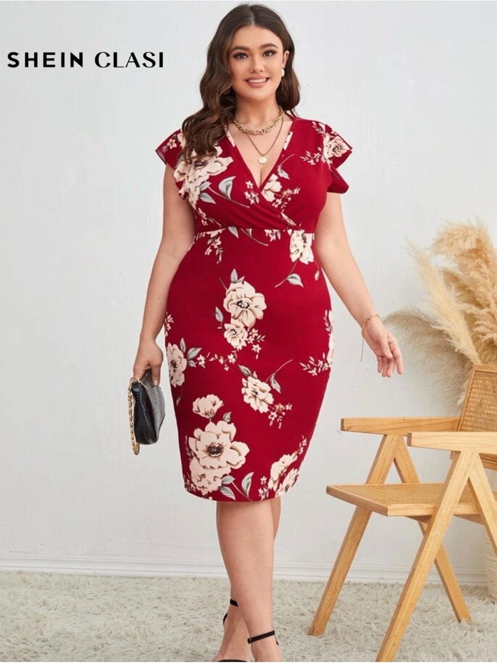SHEIN Red Floral Wrap Midi Dress